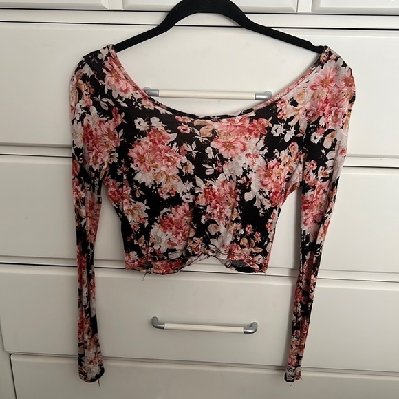 Charlotte Russe Tops - black and pink floral long sleeve crop top with criss cross open back